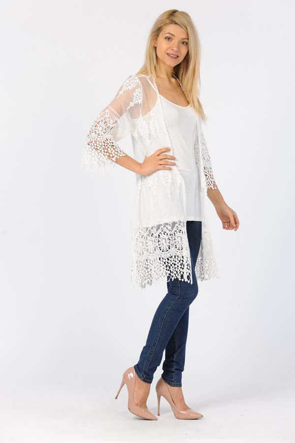 Front Open Lace Duster-White/With White Crochet Work